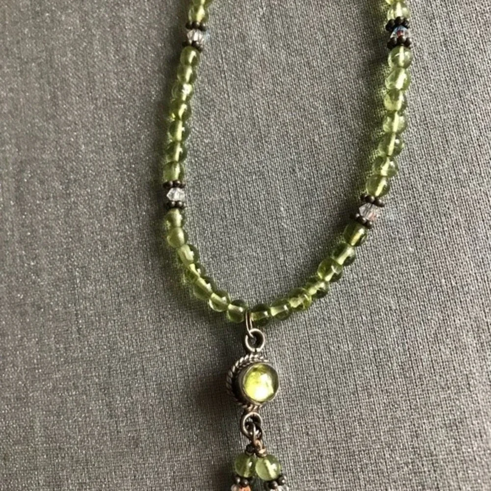 Vintage Handmade Genuine Peridot Swarovski Crystal Sterling Silver Pendant 16 In